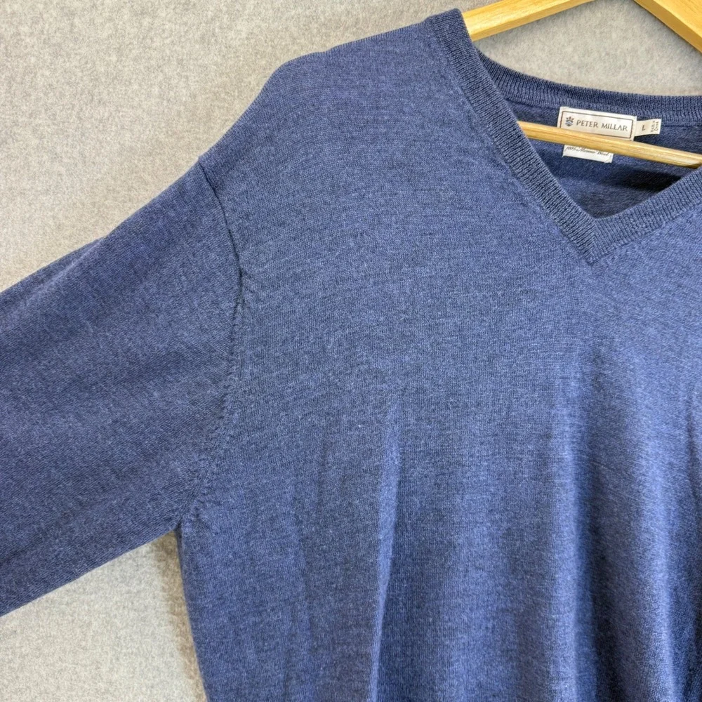 Peter Millar VNeck Pullover Sweater Long Sleeve Blue Merino Wool Mens Size Large